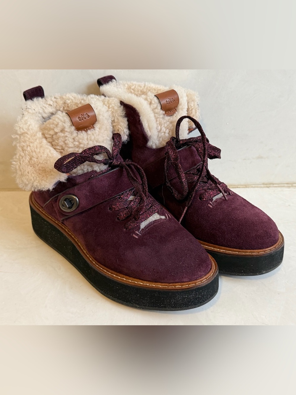 Coach Womens City Hiker G1354 Purple Suede with Shearling Boots Size 5.5